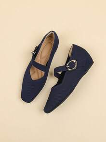 Women's Square Toe Low-Top Knit Breathable Mary Jane Buckle Adjustable Solid Color Casual Hidden Wedge Heel Pumps, Suitable For Petite Women, All Season Wear - Blue - View 16