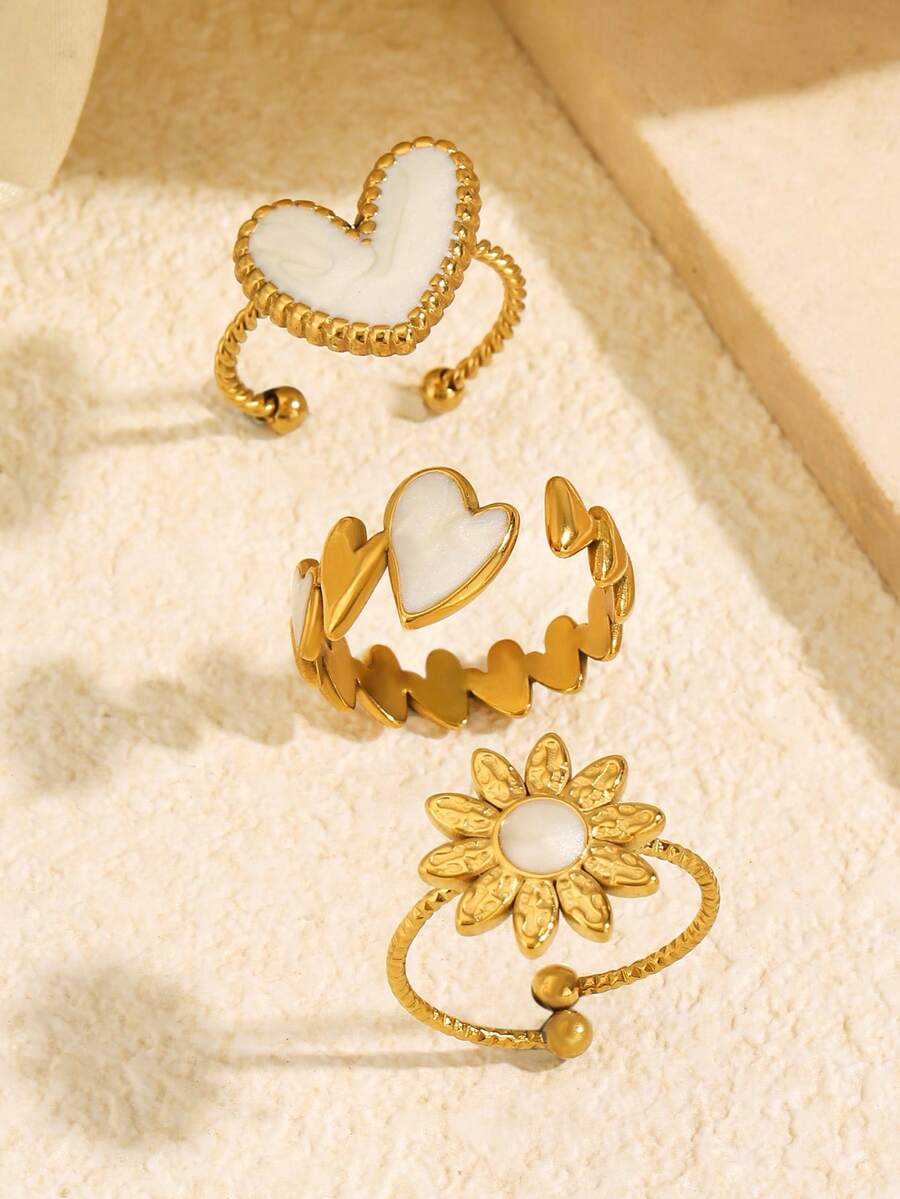 3pcs Stainless Steel Gold-Tone Elegant Versatile Geometric Enamel White Flower Rings Set, Suitable For Women's Daily, Holiday, Date, Shopping Wear - Multicolor - View 1