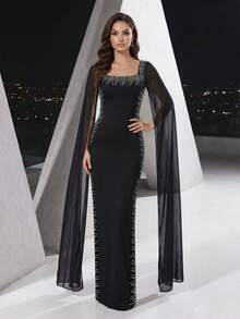 YISIKADO Rhinestone Embellished Elegant Fitted Chiffon Square Neck Split Sleeve Long Dress For Women Wedding Guest Party - Black - View 1