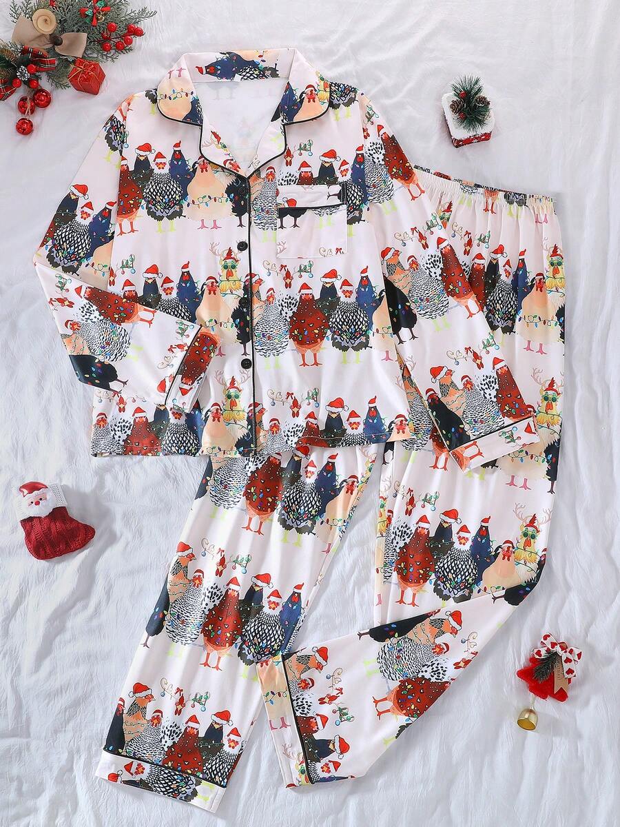 2pcs Women's Pajama Set, Gift 2-Piece Set, Lapel Button Long Sleeve, Loose Elastic Long Pants, Suitable For All Seasons, Home Wear, Outdoor Wear, Comfortable And Loose, New Full Print Pattern - Apricot - View 1