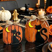 1/2pcs 3D Wooden Pumpkin & Black Cat Figurine Set, Vintage Halloween Desktop Decor, Freestanding Pumpkin Cat With Burlap Bow, Suitable For Tiered Tray, Fireplace Mantel, Indoor Home Party Decoration - Multicolor - View 5
