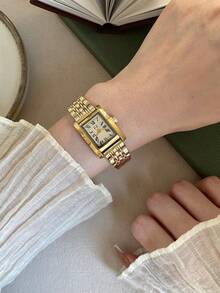1件女款金色長方形石英手錶，金色錶盤，羅馬數字刻度，經典商務風，適合日常辦公與日常穿著 - 金色 - 查看 6