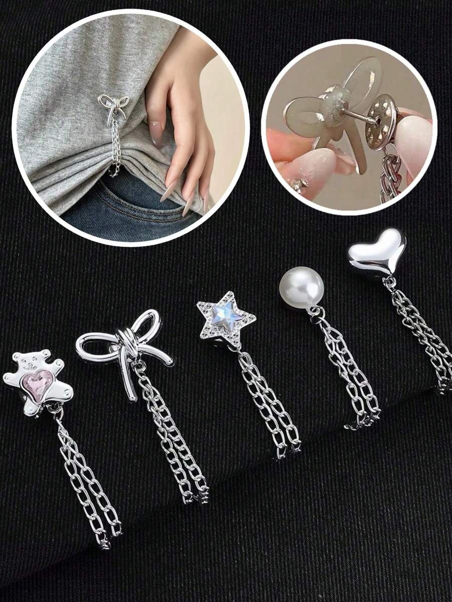 1/3/5pcs Multi-Functional Plastic & Metal Clothing And Trouser Leg Clips, Star-Shaped, Heart-Shaped, And Bow-Knot Faux Pearl Design, Non-Slip Pant Length Adjuster, Prevents Trouser Legs From Dragging On The Ground, Suitable For Jeans, - Multicolor - View 1