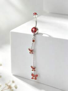 1pc Sexy Glamorous Chain Long Butterfly Cubic Zirconia Navel Ring, Women's Intimate Pierced Belly Button Jewelry - Butterfly - View 8