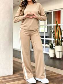 LUNNELUX Women's Autumn 2 Pieces Set, Crew Neck Drop Shoulder Sweatshirt + Side Stripe Wide Leg Pants Loungewear, Halloween Airport Travel Outfit - Apricot - View 8