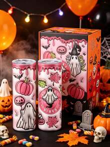 1pc 20oz Stainless Steel Insulated Tumbler, Halloween Limited Edition. Pink Halloween Ghost Pattern, Cute And Fun. Suitable For Personal Use Or Gift, Also A Must-Have Item For The Holiday. - Multicolor - View 9