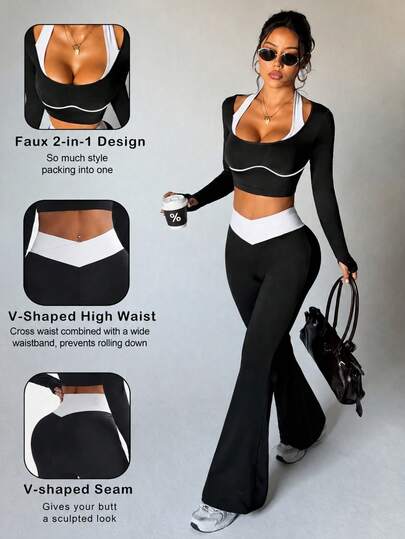 2pcs/Set Women's Sports Yoga Outdoor Fitness Outfit, Faux Two Pieces Colorblock Striped Long Sleeve Tight Top And V-Waist Flare Leggings Set, Athletic Casual Wear