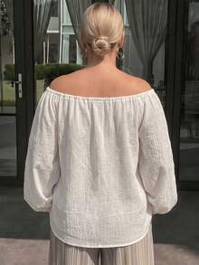 Atasan Tenun Semi-Transparan Lengan Panjang Putih Ukuran Plus Elegan, Model Bahu Terbuka, Cocok untuk Cuaca Hangat dan Pakaian Musim Panas - Putih - View 2
