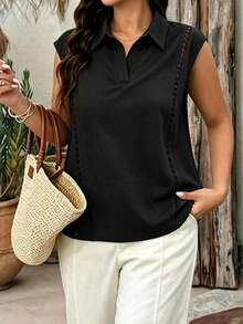 Spring/Summer Plus Size Women's White Linen Blend Lapel Sleeveless Shirt, Side Cutout Line Detail V-Neck Casual Top, Suitable For Daily And Commuting Wear - Black - View 4
