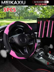 MEIKAXIU 5pcs Breathable PU Leather Diamond Mesh Steering Wheel Cover, Handbrake Cover, Gear Shift Cover, Suitable For 14.5-15 Inch Car Interior Decoration - PU Leather Mesh Style - View 22