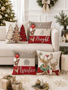 4 pièces, Père Noël, Sapin de Noël, Renne, Bonhomme de neige, Flocon de neige, Noël, Joyeux Noël, Décoration de Noël, Cadeau de Noël, Fermeture éclair cachée, Sans rembourrage, Convient pour la décoration de la maison, Décoration du salon, Taie d'oreiller, Housse de coussin, Housse d'oreiller, Coussin décoratif de canapé, Housse de tapis, Coussin moelleux - Multicolore - Voir 1