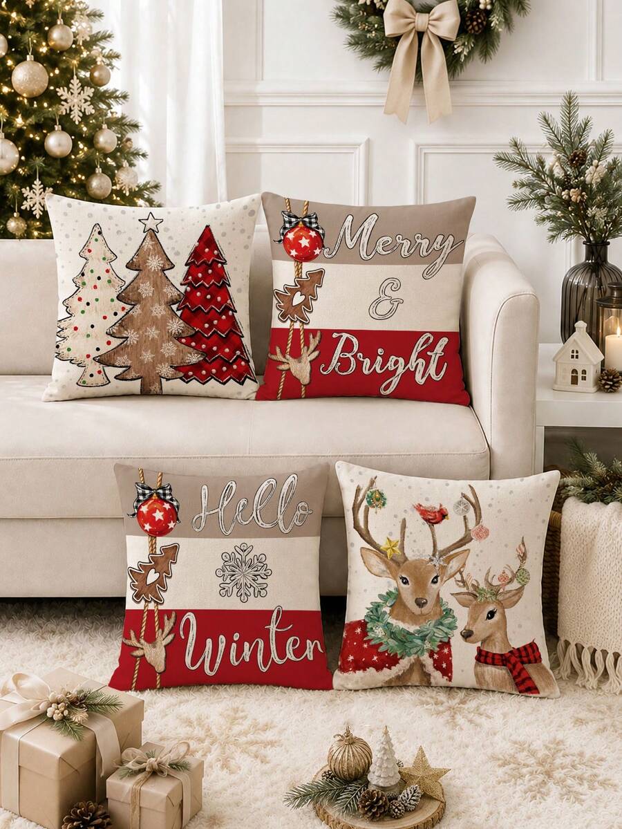 4 pièces, Père Noël, Sapin de Noël, Renne, Bonhomme de neige, Flocon de neige, Noël, Joyeux Noël, Décoration de Noël, Cadeau de Noël, Fermeture éclair cachée, Sans rembourrage, Convient pour la décoration de la maison, Décoration du salon, Taie d'oreiller, Housse de coussin, Housse d'oreiller, Coussin décoratif de canapé, Housse de tapis, Coussin moelleux - Multicolore - Voir 1