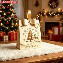 34/68/106pcs Christmas Bow Handheld Gift Box, Golden Elk & Xmas Tree Print Candy Treat Box Holiday Party Favor Packaging, Includes Christmas Stickers - D - View 1