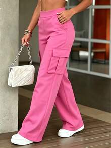 Women's Casual Plain Color Pocket Cargo Pants, Versatile Daily Wear, Spring/Autumn/Winter - Hot Pink - View 3