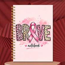1pc 14*21cm Spiral Notebook, Brave Pink Ribbon Awareness Design For School, Home, Office, Note Taking, Journaling, Daily Planner, Leopard Print Letter Pink Watercolor Splash Heart Pattern - Pink - View 1