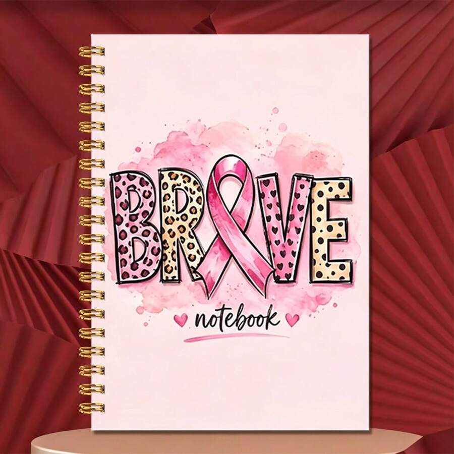1pc 14*21cm Spiral Notebook, Brave Pink Ribbon Awareness Design For School, Home, Office, Note Taking, Journaling, Daily Planner, Leopard Print Letter Pink Watercolor Splash Heart Pattern - Pink - View 1