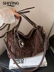 1pc Solid Color Suede New Women's Backpack, Shoulder Bag, Crossbody Bag, Leopard Print Design, Fashionable Large Capacity Tote Bag, Suitable For Commuting, Shopping, Dating - Multicolor - View 5