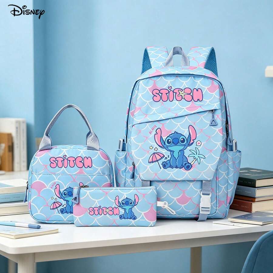 Miniso Disney Stitch Cute Sitting Cartoon Pattern Fresh Light Blue 3-Piece Backpack Set, Includes Insulated Cooler Bag And Stationery Pencil Case, Multi-Functional Backpack Suitable For Daily Organization, Work And Study - Color 1 - View 1