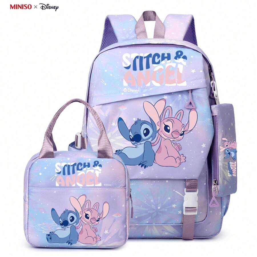 MINISO X Disney Stitch Angel Purple Starburst 3-Piece Backpack Set, Cute Student School Bag, Insulated Lunch Box, Pencil Case, Suitable For Daily Use, Outdoor, Camping - Color 1 - View 1