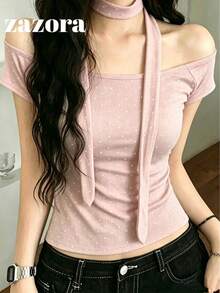 Vintage Hot Girl Style Collarbone-Exposing Rhinestone Decorated Slim Fit Top Women Summer Sexy Minimalist Sexy Style Crop Top (Not Print, It's Rhinestone Craft) - Pink - View 4