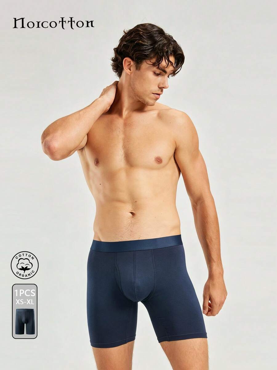 Norcotton 1pc Men's Cotton Long Leg Boxer Briefs, Sports Anti-Chafing Mid-Waist Square Underwear - Blue - View 1