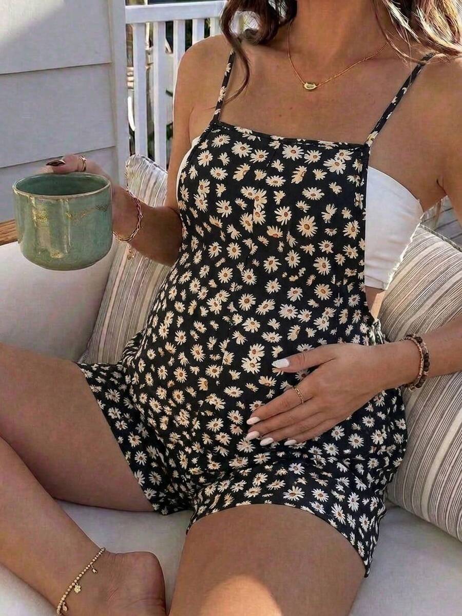 Jumpsuit Pendek Hamil Wanita Tanpa Lengan, Leher Bulat, Motif Bunga Daisy, Desain Ikat, Jumpsuit Pendek Musim Panas dari Poliester - Hitam - View 1