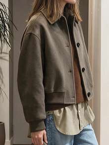 Notch Collar Wool Ribbed Hem Jacket, Casual Daily Home Street Travel Coat, Fall Winter - Coffee Brown - View 5
