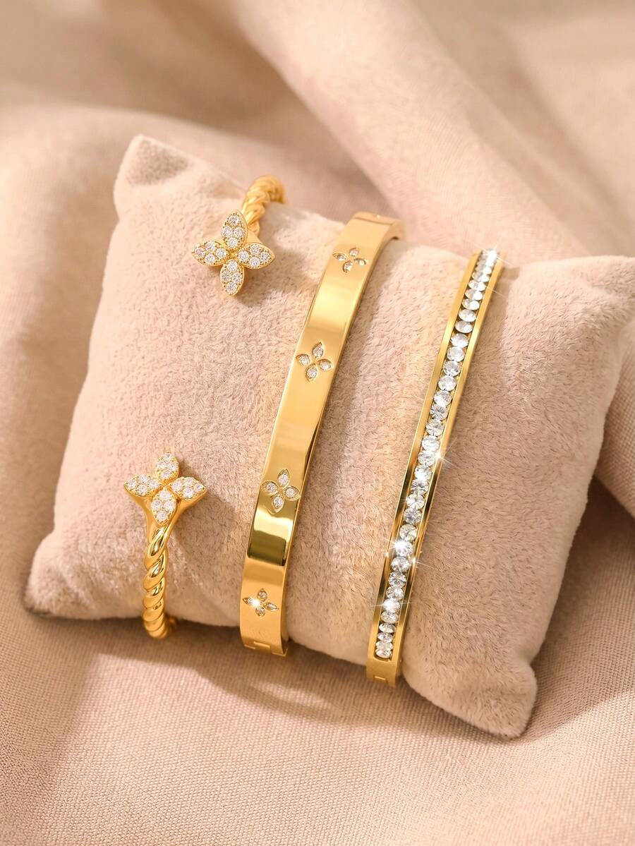 Fashionable European Style Luxury Hollow Cubic Zirconia Bracelet Set, High-End Personalized Gift, Suitable For Girlfriend, Suitable For Wearing At Banquets. - Gold - View 1