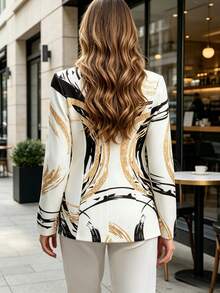 HOMEYEE Elegant Women's Knitted Long Sleeve Regular Blazer, Abstract Gold Print, Suitable For Autumn And Luxury Outfits - White - View 2