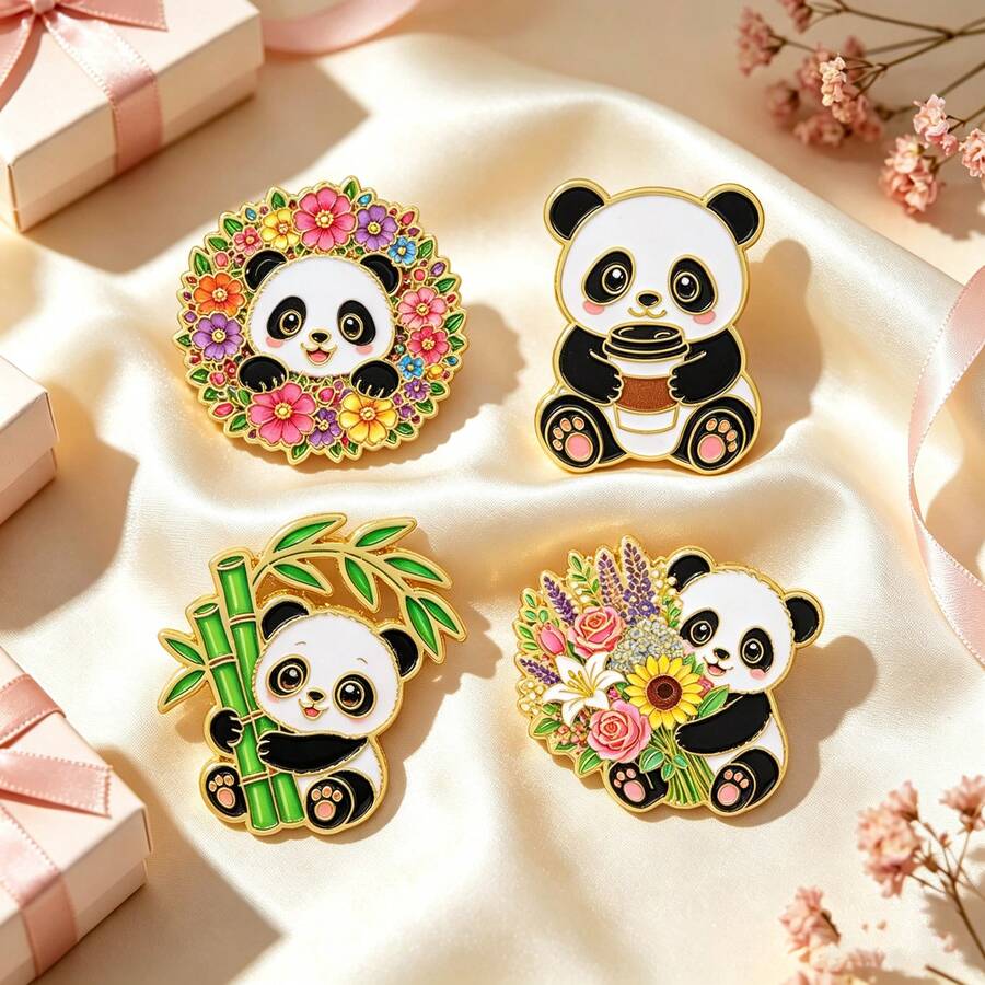Cute Panda Enamel Pins, Cartoon Panda Holding Coffee Bamboo Flower Wreath Brooch Pins, Kawaii Animal Lapel Badge For Backpack Clothing Decor Gift