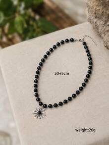 1pc Niche Unisex Black Beaded Radial Sun Pendant Necklace For Men And Women - Black - View 4