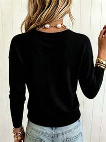 Women's Autumn/Winter Fashion Minimalist Metal Button Design Pullover Sweater, Casual Loose Versatile Slouchy Knit Top - Black - View 3