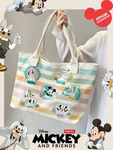 Miniso Disney Mickey And Friends 帆布托特包，馬卡龍色條紋印花，附手柄肩背包，適合日常使用 - 白色 - 查看 3