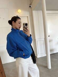 女款秋季拉鍊式落肩袖短版外套 時尚立領 通勤度假運動 學院風 寬鬆顯瘦 百搭 - 藍色 - 查看 7
