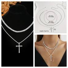 Layered Rhinestone Tennis Cuban Chain Cross Pendant Set, Unisex Shiny Hip Hop Accessory, Suitable For Daily Wear And Nightclub Parties - Silver - View 1