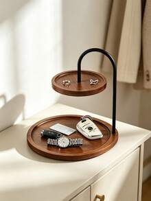 1pc 2‑Tier Walnut Wood Jewelry Tray, Black Metal Frame Round Desktop Organizer Tray, Decorative Vanity Display Holder For Keys Watch Rings Earrings, Entryway Nightstand Countertop Storage Decor - Multicolor - View 9