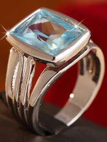 Gmzalx Minimalist Wide Band Women's Ring, Rectangular Aquamarine Synthetic Zirconia Inlaid, 3D Vertical Textured Hollow Ring, Suitable For Daily Commute, Business And Banquet - Two-color - View 4