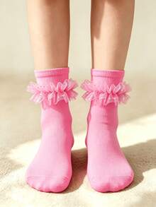 1/3/5 Pairs Cute Women's Knitted Mid-Calf Socks With Shiny Sequins And Transparent Layered Lace Ruffle Trim, Sweet Lolita Princess Style - Pink - View 12