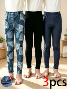 3pcs/Pack Tween Girls Simple Casual Versatile Full Length Leggings, Suitable For Home Wear, All Season - Multicolor - View 1
