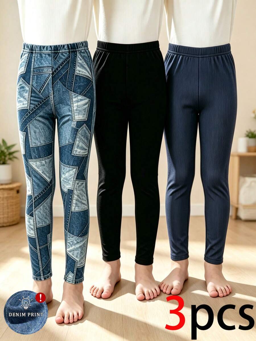 3pcs/Pack Tween Girls Simple Casual Versatile Full Length Leggings, Suitable For Home Wear, All Season - Multicolor - View 1