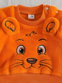 Baby Boy 3D Tiger Ear Fleece 2 Pieces Set, Cartoon Tiger Embroidered Sweatshirt + All-Over Print Pants, Soft & Comfortable Outfit For Newborns - Orange - View 8