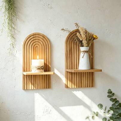 Decoração de Parede Estilo Boêmio: Suporte de Vela de Parede de Madeira com Design de Arco 3D Minimalista Natural, Vela Pilar, Planta, Sala de Estar, Banheiro, Quarto, Decoração de Parede Estilo Boêmio Prateleira de Plantas, Decoração Moderna de Meados do Século Prateleira de Plantas Suspensa, Prateleira Flutuante de Madeira, Adequado para Casa, Banheiro, Quarto, Sala de Estar, Escritório, Decoração de Vaso de Flores Portátil
