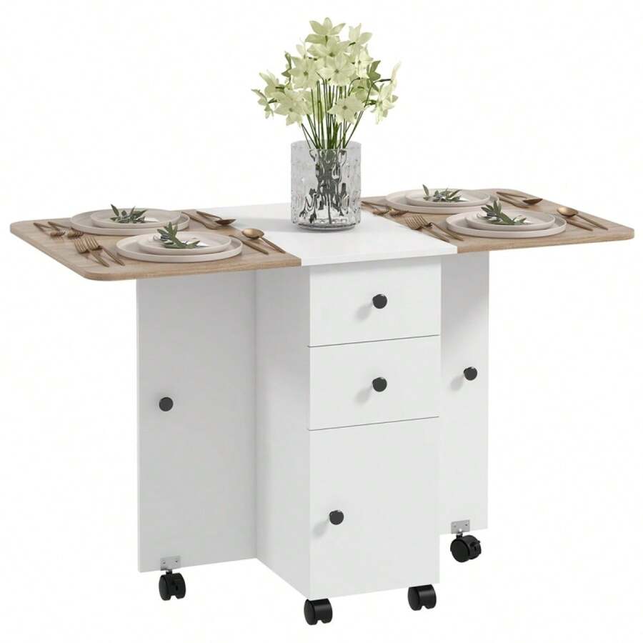 Multi-Storage Six-Person Drop Leaf Dining Table - White On-Site - Multicolor + Engineered Wood - View 1