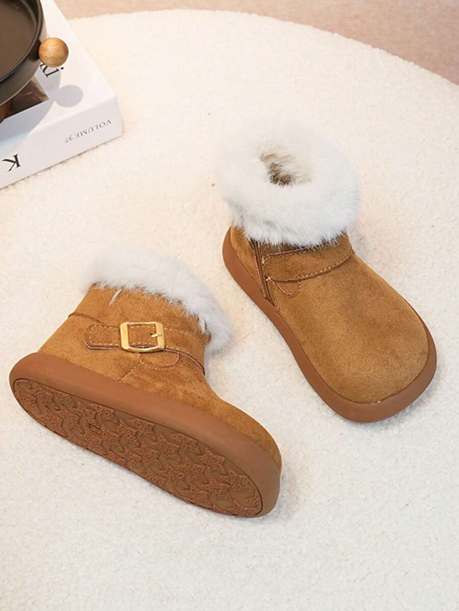 1 Pair Kids Padded Snow Boots, Thick Fur Lining For Warmth And Heat Retention, Buckle Decor, Side Zipper For Easy On And Off, Soft Sole Anti-Slip For Stable Walking - Camel - View 1