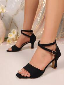 1 Pair High Heel Sandals, Cross Strap + Rhinestone Buckle Decor, Suede PU Material, Round Toe Stiletto Heel, Elegant Party Style, Suitable For Daily Commute, Evening Party, Ball, Dress Matching, Outdoor Wear - Black - View 3