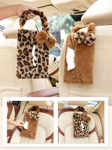 1pc Fashionable Leopard Print Hanging Tissue Bag, Plush Fabric With Pom Pom Decoration, Easy Hanging Installation For Convenient Access, Car Tissue Box, Women's Car Accessory, Home Decor Accessory, Car Seat Decoration, Dual Use For Home And Car - Multicolor - View 6