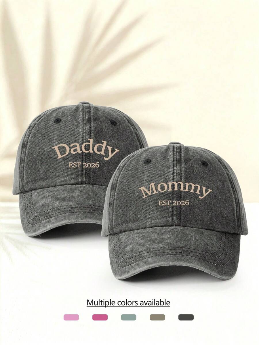 2pcs Fashion Minimalist Casual Versatile Washed Baseball Caps With "Daddy And Mommy" Letter Pattern Print, Unisex Essential Fashion Item All-Season Decorative Style Gift For Family And Friends - 2 PC Washable - View 1