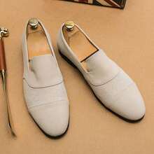Men's Beige Suede Loafers With Round Toe, Horizontal Woven Strap Patchwork, Slip-On Low Heel, Structured Silhouette, Crisp Design, Formal Suit Wedding Banquet Shoes - Beige - View 3