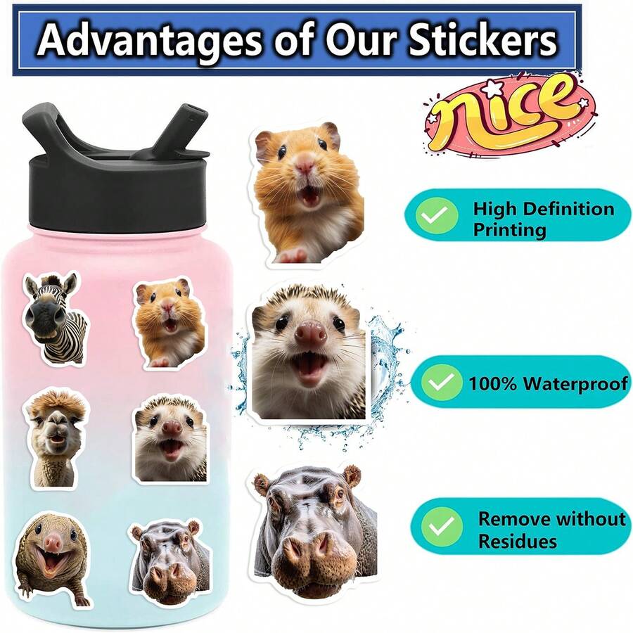 50pcs Funny Animal Face Decorative Stickers For Adults And Teens, Suitable For Skateboard, Phone Case, Laptop, Refrigerator, Luggage, Bedroom Door, Tablet, Diary, Study Reward Gift Stickers - Multicolor - View 1