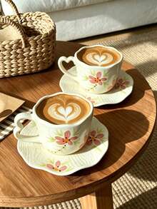 280ml Ceramic Cup And Saucer Set, Coffee Cup, Tea Cup And Water Cup With Embossed Floral Pattern; Back To School Season Ceramic Floral Milk Cup And Afternoon Tea Cup; Dessert Plate; Gift Wrapped Coffee Cup And Saucer Set - Multicolor - View 8